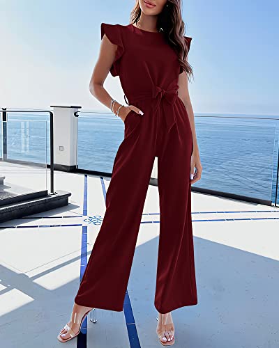 Btfbm Women Jumpsuits Crew Neck Ruffle Cap Sleeve Belted High Waist Wide Leg Romper With Pockets One Piece Casual Outfits(Solid Wine Red, Large) #TOP1