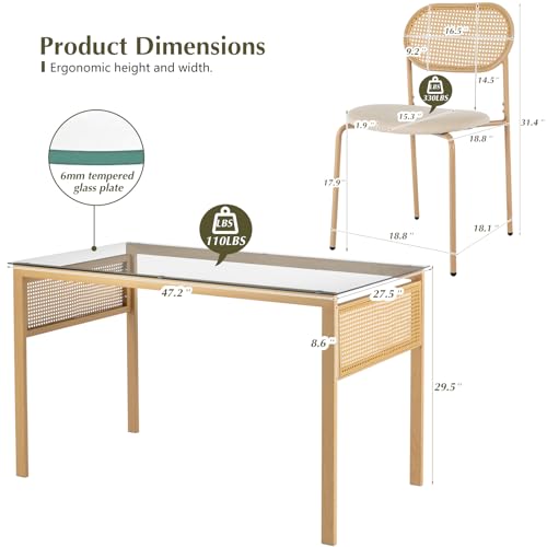 COSVALVE Boho Dining Table Chairs Set of 4, Tempered Glass Tabletop with Rattan Decor, Upholstered Cane Dining Chairs, P