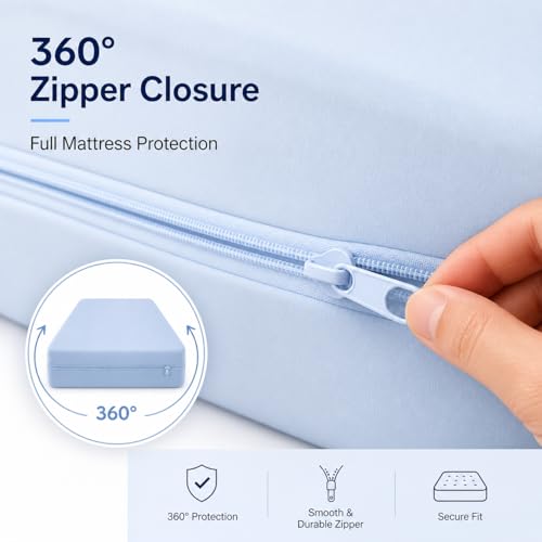 Image of 100% Waterproof Single Size Zipper Mattress Encasement - Ultra Soft & Breathable Six-Sided Bed Cover, Dustproof Noiseless Fitted Design, 72x36 Inch (6x6 Feet), Fits Up to 6 Inch Mattress, Light Blue