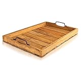 BigDean XXL Serviertablett aus Mangoholz – Vintage Holz Tablett – 57 x 38,5 x 7 cm - Holztablett mit Metall-Griffen – UNIKAT – Serviertablett groß Küchentablett rechteckig