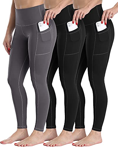 CHRLEISURE Leggings with Pockets for Women, High Waisted Tummy Control Workout Yoga Pants 3 Pack 2Black1Gray M