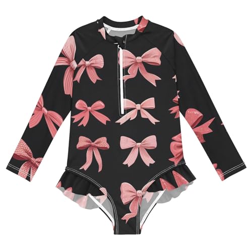 Girls One Piece Swimsuits Long Sleeve Swimsuit Zipper Bathing Suits Pink Red Bow Black