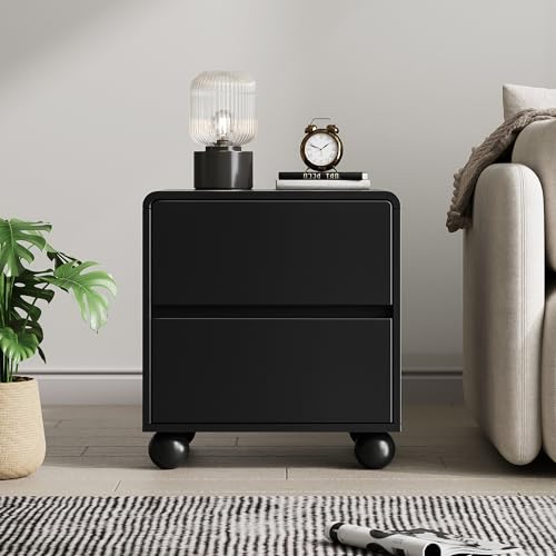 Image of MAISONARIA Curved Nightstand Set of 2, Modern Nightstand with 2 Large Storage Drawers, Wooden Endside Table for Bedroom, Black