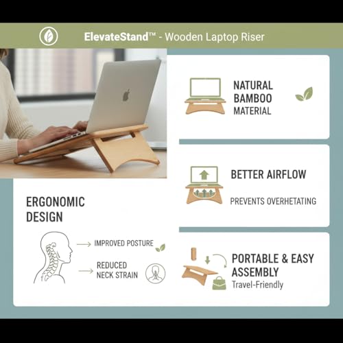 Image of Laptop Stand Universal Heat Dissipation Desktop Foldable Laptop Stand Wooden Notebook Stand Holder with 180 Degree Multiple-Angle Support for MacBook Asus HP Sony 11 x 11.5 inche Natural