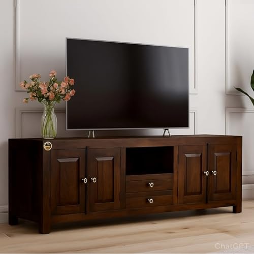 Image of Sheesham Wood TV Stand and Shelf Storage Entertainment Unit Center Console TV Table Wooden Tv Cabinet for Living Room Home (Dark Walunt)