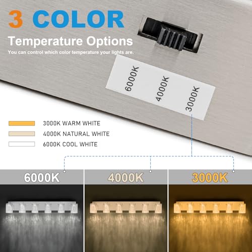 Image of SineRise Bathroom Vanity Light with 3 Color Modes (3000K /4000K /6000K), Eye Protection LED Bathroom Light Fixture, Dimmable Modern Wall Light Over Mirror with Clear Glass Shade (Nickel, 6-Light)