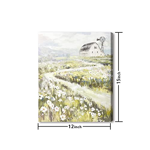 Hi.i.u.88 Rustic Wall Decor Old White Barn Canvas Art Painting With Windmill Bathroom Deco Pictures For Farmhouse Bedroom Framed Ready To Hang (Green, 12X15In), 12X15In #TOP1