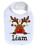 Fantasy Kids Designs Christmas Baby Bib with Holiday Reindeer. Personalized with Baby Custom Name (White Bib)