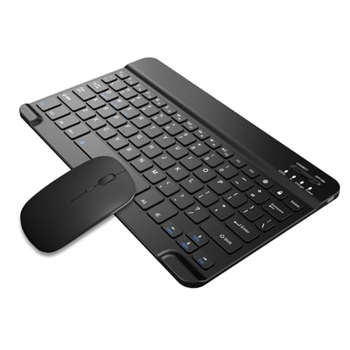 Wireless Keyboard and Mouse Combo - Ultra Slim Bluetooth 5.0 Rechargeable Set with USB-C,Portable for iPad,Mac, Windows,Android Smartphone (10-inch 78-Key Black, OS 10+)