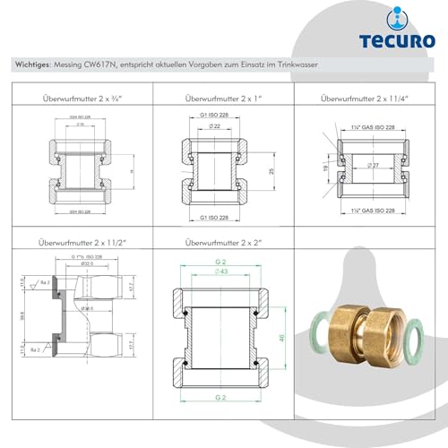 tecuro Verschraubung mit beidseitig drehbaren Überwurfmuttern, 3/4 x 3/4 Zoll, flachdichtend, Innengewinde Rp, DVGW zugelassen, Messing CW617N