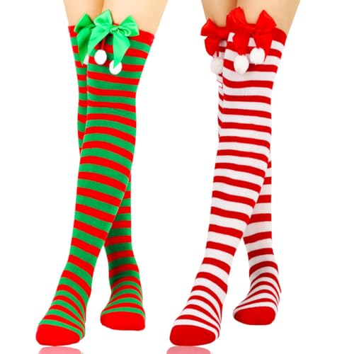 Image of Christmas Thigh High Stockings Bow Striped Stockings Holidays Knee Stocking for Women 2 Pairs