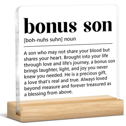Bonus Son Gifts From Stepdad Stepmom Mom, Stepson Gifts From Stepmom, Birthday Christmas Graduation Gift for Bonus Son Stepson Acrylic Plaque Sign Home Office Desk Decor