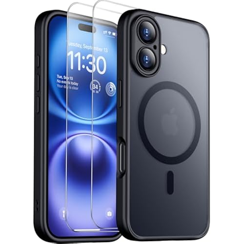 SPIDERCASE Magnetic for iPhone 16 Plus Case,with 2 Pcs [Tempered Glass Screen Protector] Translucent Matte Back Slim Shockproof Protective Phone Case for iPhone 16 Plus 6.7'',Black