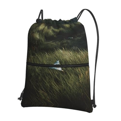 GGNKDL Kite on the grass Pattern Drawstring Zipper Backpack