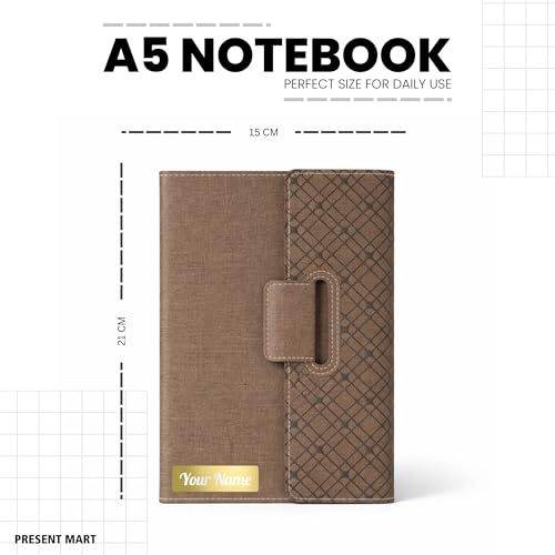 Image of FoldBook Personalized A5 Notebook with Magnetic Flap Closure, Premium Leather Pattern Design, 192 Pages 80 GSM Paper, Bookmark Ribbon, Custom Name Print Journal Diary, Brown