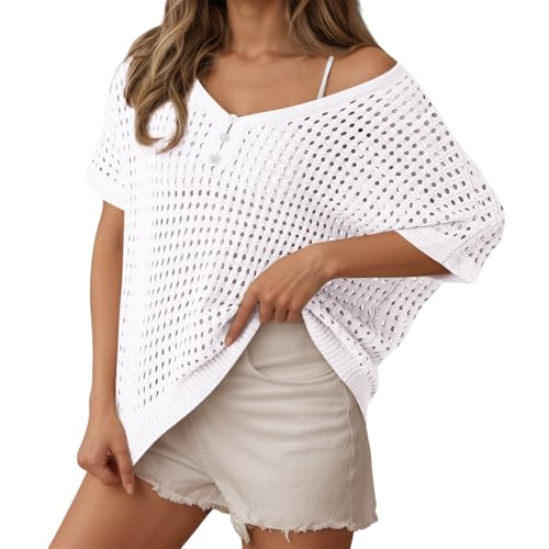 Blusa para mujer, media manga, cuello en V, jersey de punto de corte de punto, cubierta de playa, cubierta de verano, ligera, transpirable, cómoda, camiseta de ocio, corte holgado, top de punto para