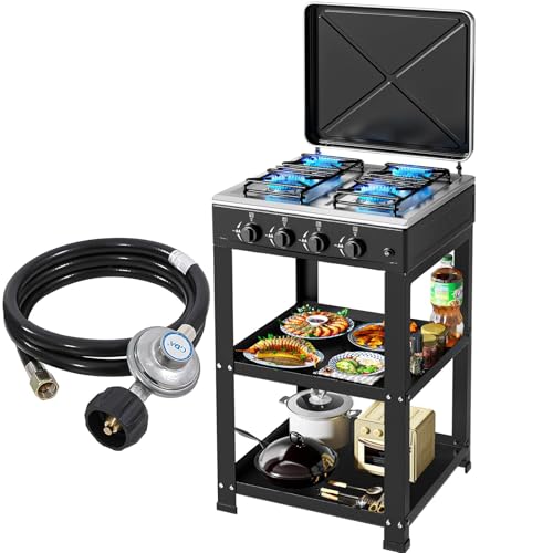 Comparison: Best Gas Stove 4 Burner 7 Propane Gas Stove-300000BTU Portable Gas Stove with Support Leg Stand and Wind Blocking Cover Adapter Auto Ignition Camping Stove 4 Burner LPG for RV, Apartment, Outdoor Cooking