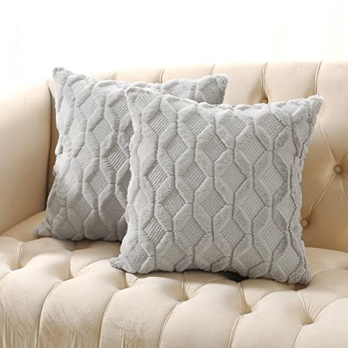 Volcanics Pack of 2 Faux Wool Throw Pillow Covers 20x20 Inches Decorative Farmhouse Velvet Couch Pillow Case Soft Plush Square Boho Cushion Pillowcase, Light Grey