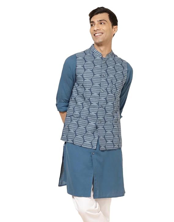 Nuindian Blue Cotton Geometric Printed Slim Fit Nehru Jacket-image-22