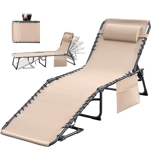 Greesum Folding Tanning Chair Chaise Lounge-Silla de Bronceado Plegable con Respaldo Ajustable de 5 Posiciones, Almohada Desmontable y Bolsillo Exterior para Piscina, Playa, Tomar el Sol, Metal, Beige