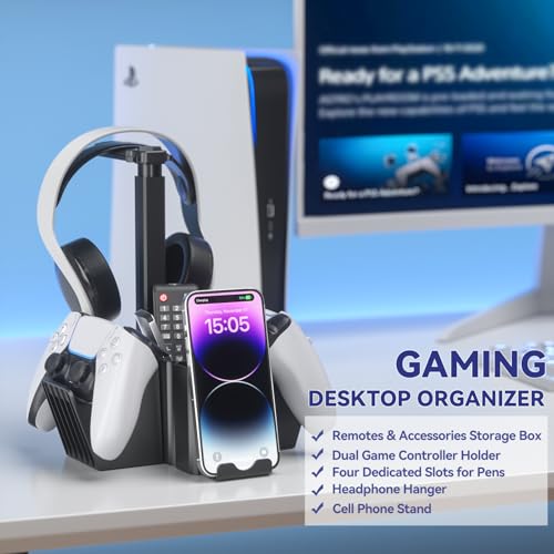KDD Dual Controller Holder with Headphone Stand - Multi-Functional Desk Storage Accessories Box with Phone Holder - Controller Headset Stand with Desktop Organizer for Remote Control Black - Image 5