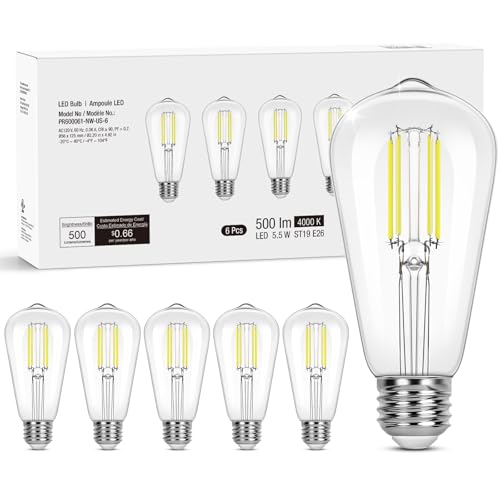 Lepro Edison Dimmable LED Light Bulbs 60 Watt Equivalent, 4000K Netural White E26 Edison Bulbs, Filament Vintage Bulb Clear Glass, Medium Base, ST19 V