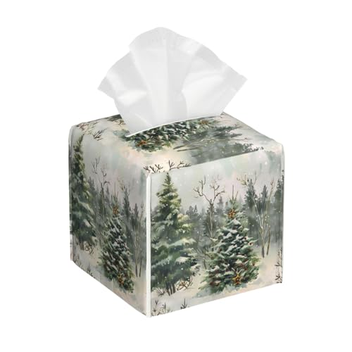 Winter Christmas Tree Tissue Box Cover Square Leather Tissue Case Holder Facial Paper Organizer Decorative for Tabletop Night Stands Desk Bathroom Kitchen Car Office Home Decor