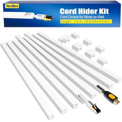 YesBes 116in Cord Hider Kit, Cord Covers for Wires on Wall, Cord Hider for Wall Mount tv, Paintable...
