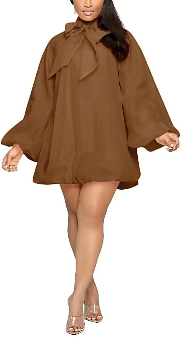 Yanfoam Women's Puff Long Sleeve Sweetheart Round Neck Dress Flowy Loose Chiffon for Cocktail Party Mini Dress