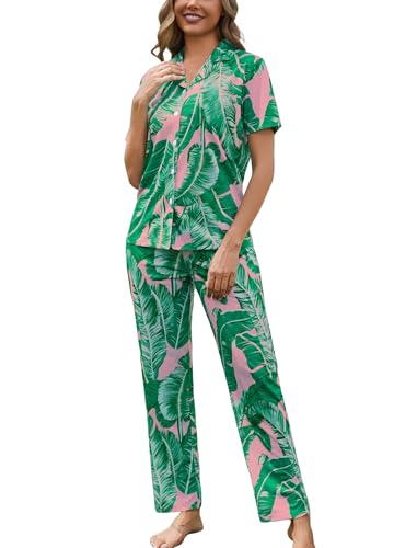 Image of SWOMOG Women Pajama Set 2 Piece Button Down Pajamas Short Sleeve Lounge Sets with Long Pants Soft Sleepwear with Pockets