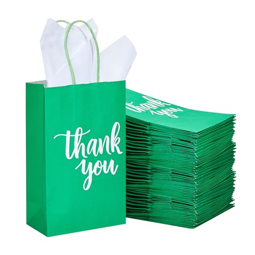 DjinnGlory 50 Pack Medium Size Teal Blue Paper Gift Bags with Handles 10x8x4 Inch and 50 White Tissue Paper for Small Business Wedding Bridal Baby Shower Birthday Party Favors Goodies