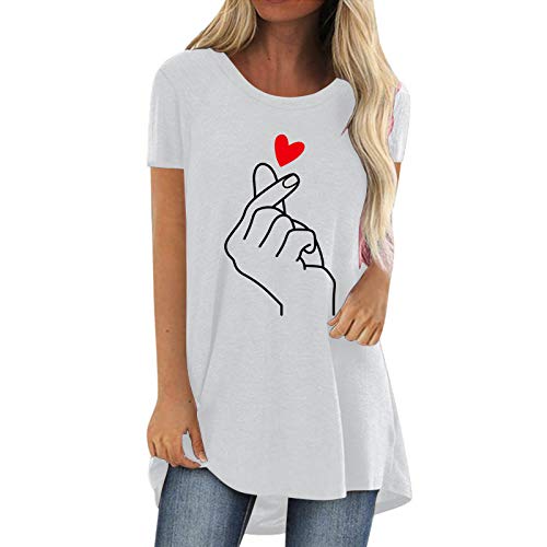 Camiseta feminina com estampa de coração e gola redonda, manga curta, folgada, plus size, Branco, GG