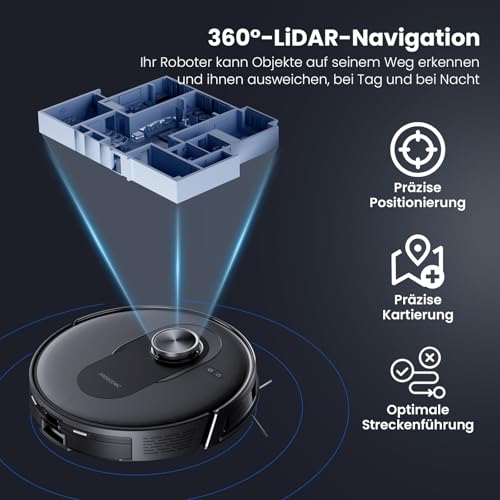Proscenic Q8 Saugroboter mit Wischfunktion, 6000Pa 200min Staubsauger Roboter Leistungsstark Laser Navigation mit 5 Karten, Steuerung über APP Alexa Siri IFTTT Google für Böden Teppiche Tierhaare – Bild 5