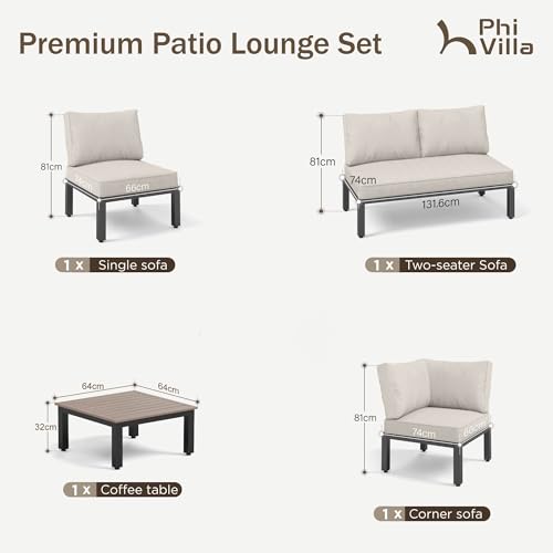 PHI VILLA Gartenmöbel Balkonmöbel Set 4 Teilig, Metall Lounge Möbel Outdoor Gartenlounge Set 4-Sitzer, Terrassenmöbel Modulare Möbel mit Verstärkten Kissen und Kaffeetisch, Beige