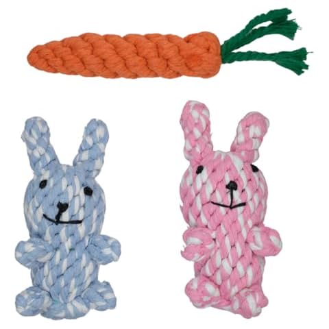 HILLBERRY Dog Rope Chew Toy Cotton Pink and Blue Rabbits and Carrot Bundle Set for Teething Puppy, Small, Miniature and Toy Breed Cute Pet Play Essentials Cover
