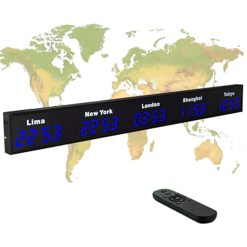 Reloj de zonas horarias mundiales con control remoto, pantalla digital para múltiples zonas horarias, diseño montado en la pared con carcasa de aluminio, ideal para oficinas y empresas