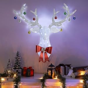 Hausse Lighted Christmas Wall Decoration Reindeer Head, 27" Pre-Lit 3D Xmas Rudolph Hanging Wreath, 8 Lighting Modes & Timer, Battery Operated for Winter Holiday Indoor Outdoor Front Door Window Hausse Lighted Christmas Wall Decoration Reindeer Head 27 Pre Lit 3D Xmas Rudolph Hanging Wreath 8 Lighting Modes Timer Battery Operated for Winter Holiday Indoor Outdoor Front Door Window