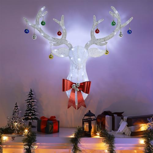 Hausse-Lighted-Christmas-Wall-Decoration-Reindeer-Head-27-Pre-Lit-3D-Xmas-Rudolph-Hanging-Wreath-8-Lighting-Modes-Timer-Battery-Operated-for-Winter-Holiday-Indoor-Outdoor-Front-Door-Window Hausse Lighted Christmas Wall Decoration Reindeer Head 27 Pre Lit 3D Xmas Rudolph Hanging Wreath 8 Lighting Modes Timer Battery Operated for Winter Holiday Indoor Outdoor Front Door Window