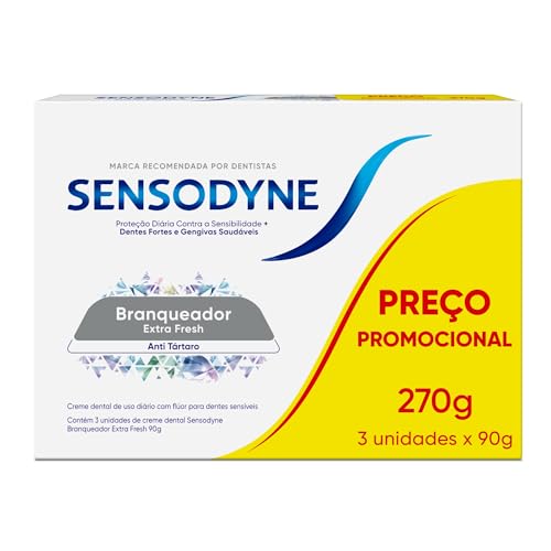 Sensodyne Creme Dental Branqueador Extra Fresh com Flúor, Leve 3 e Pague 2, Anti Tártaro, Contra Sensibilidade, 90g cada
