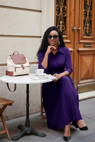 Image of Runwind Maxi Dresses for Women, 3 /4 Sleeve Botton Down Pleated Long Dress with Belt Casual Church Dress with Pockets
