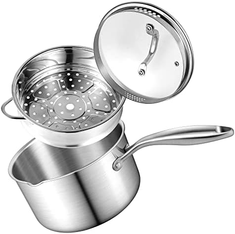 Buttermelt 1.5 Quart Stainless Steel Saucepan with Steamer Basket, Tri-ply Full Body, Multipurpose Sauce Pot with Two-Size Drainage Holes Lid(Classic Version)