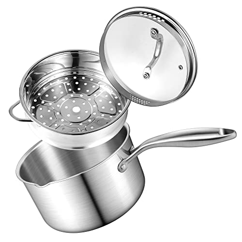 Buttermelt 3.5 Quart Stainless Steel Saucepan with Steamer Basket, Tri-ply Full Body, Multipurpose Sauce Pot with Two-Size Drainage Holes Lid, Perfect For Boiling Gravies, Pasta, Noodles