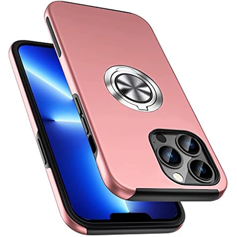 CTMWWNG Military Shockproof Case for iPhone 13 Pro 6.1'', [Embedded Finger Holder] Phone Case Cover with Reinforced Metal Ring Stand Kickstand [Support Magnetic Car Mount] for iPhone 13 Pro, Pink Cover
