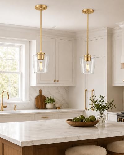 Image of 2-Pack Gold Pendant Lights Kitchen Island, 6 inch Clear Glass Shade | Modern Kitchen Pendant Lighting Over Island for Dining Room, Adjustable Height, E26 Base, Brushed Gold, AD-22004-1P2-GD-C