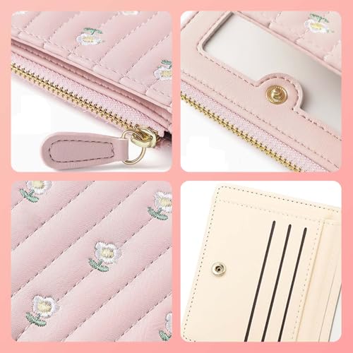 Embroidery Flower Woman Wallet with 5 Card Slots and Coin Pocket, Small Womens Purses Coin Purse with ID Window, Minimalist Woman Small Wallet for Organize Cards, Cash (Flower, Pink)4