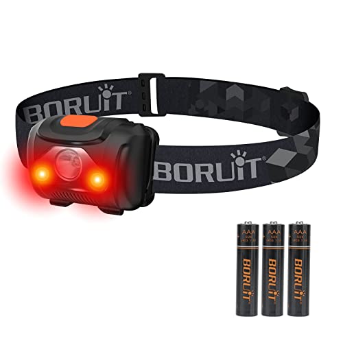 BORUIT LED Head Torch Red White Light, AAA Battery Powered Headtorch Super Bright, 4 Modes Headlamp for Kid Adult Camping Running Hiking Fishing, IPX4 Waterproof Headlight