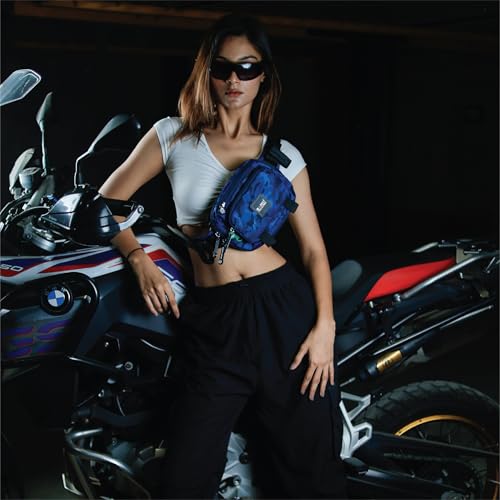 Image of MONKEY TROOPERS Spee Bikers Crossbody Bag for Men & Women, Blue-Camo | Lightweight, Water Resistant, Mounts on Bike Tank, Handle, Touch-Sensitive Mobile Pocket, Key Hook, Quick Pockets Waist Bag