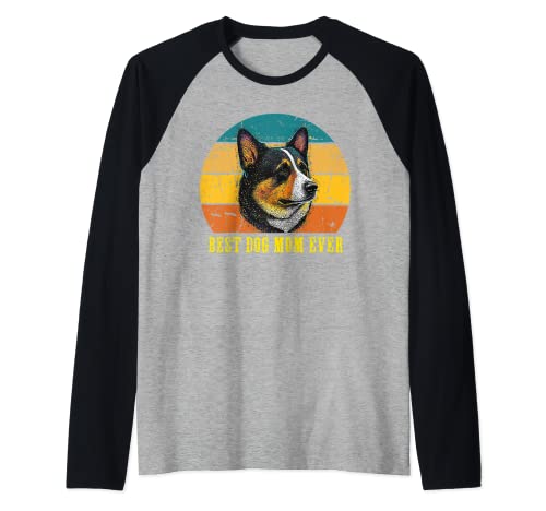 Vintage Best Dog Mom Ever Sunset Retro Welsh Corgi dog Mom Camiseta Manga Raglan