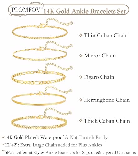 Image of Plus Size Gold Ankle Bracelets for Women Big Ankles, Adjustable Ankle 14K Real Gold Plated Cuban Link Chain Figaro Snake Herringbone Extra Large Anklet Bracelets,Summer Beach Foot Jewelry 10-12inch