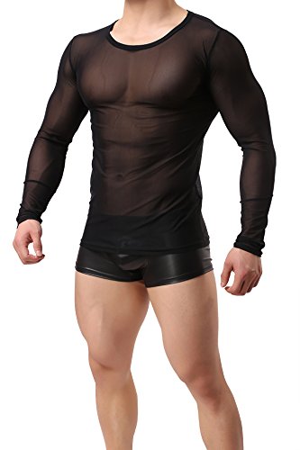 Onefit Men's Long Sleeve Mesh Sheer T-Shirt Top Transparent Undershirt Black M #TOP2